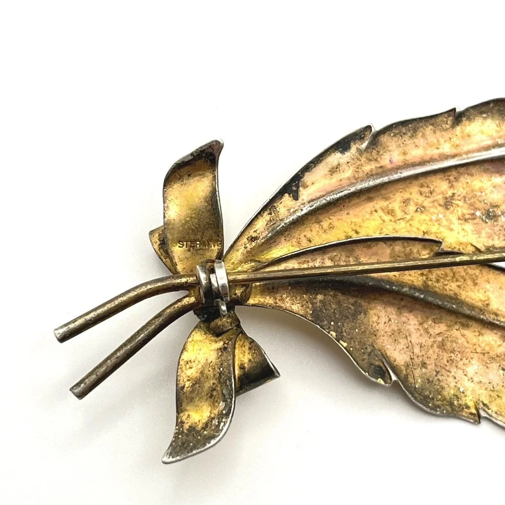 Vintage Sterling Silver Gold‎ Vermeil Flower Leaf Bow Brooch Pin 14.8g 3.25in